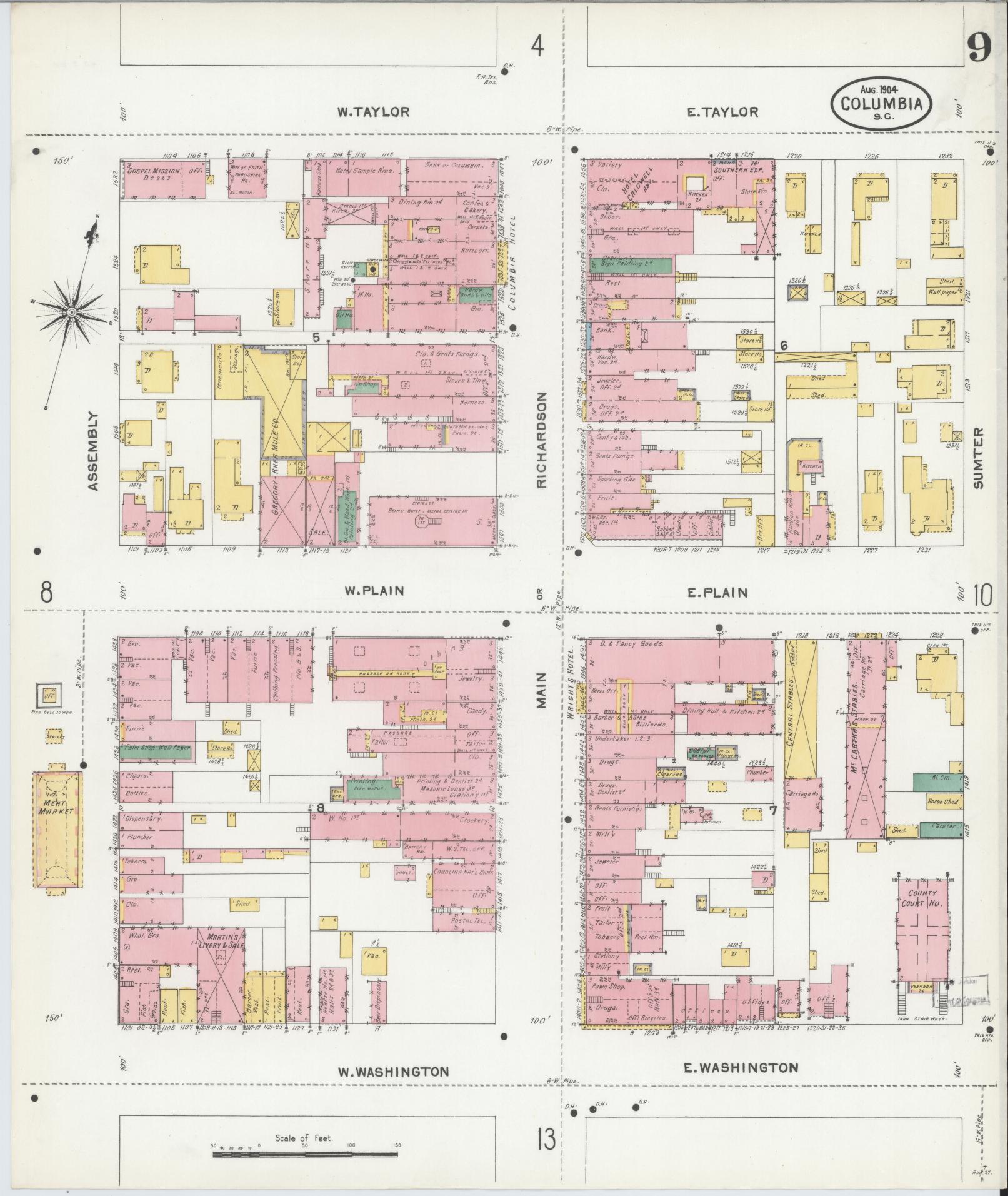 Sanborn Fire Insurance Map from Columbia, Richland County, South Carolina (1904), Sheet #0009 - Complete Map Set gallery image, historic Sanborn map, vintage wall art, South Carolina South Carolina