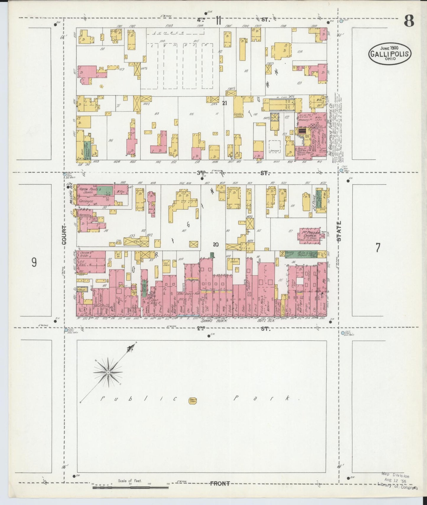 Sanborn Fire Insurance Map from Gallipolis, Gallia County, Ohio (1900), Sheet #0008 - Historic Sanborn Fire Insurance Map Print, vintage old map wall art, antique decor, genealogy gift, Ohio Ohio map