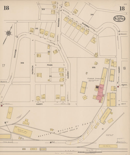 Sanborn Fire Insurance Map from Bluefield, Mercer County, West Virginia (1922), Sheet #0018 - Historic Sanborn Fire Insurance Map Print, vintage old map wall art, antique decor, genealogy gift, West Virginia West Virginia map
