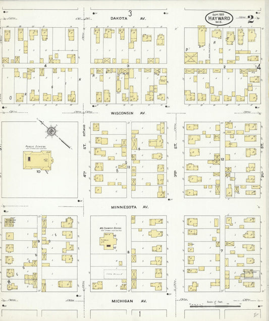 Sanborn Fire Insurance Map from Hayward, Sawyer County, Wisconsin (1909), Sheet #0002 - Historic Sanborn Fire Insurance Map Print, vintage old map wall art, antique decor, genealogy gift, Wisconsin Wisconsin map