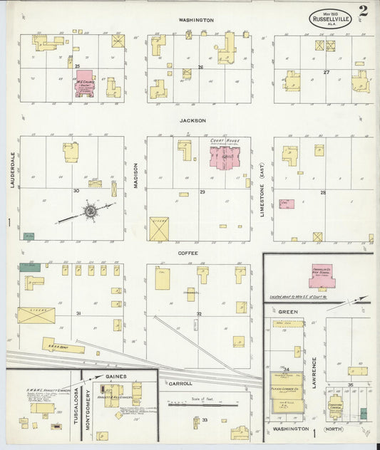 Sanborn Fire Insurance Map from Russellville, Franklin County, Alabama (1910), Sheet #0002 - Historic Sanborn Fire Insurance Map Print, vintage old map wall art, antique decor, genealogy gift, Alabama Alabama map