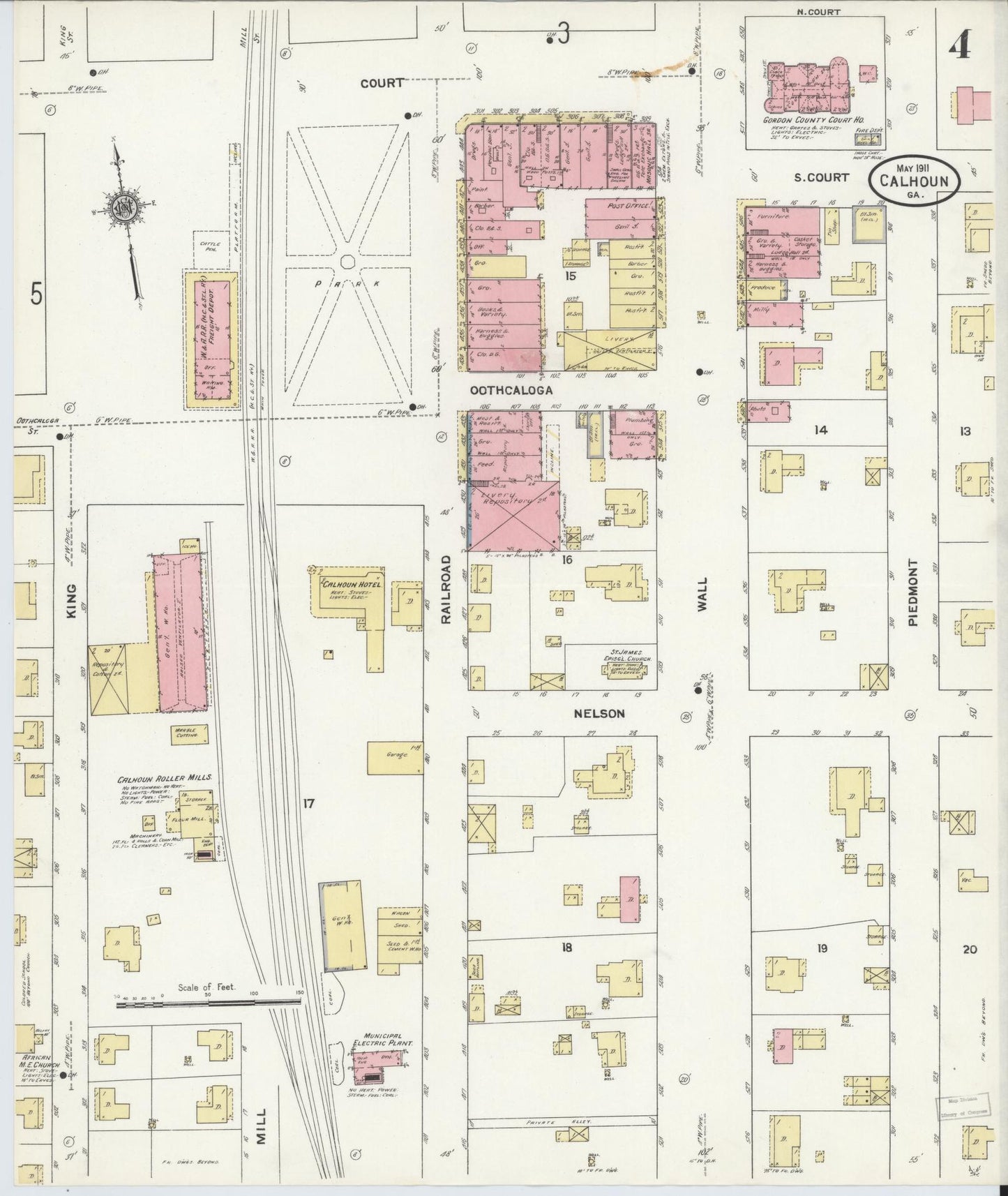 Sanborn Fire Insurance Map from Calhoun, Gordon County, Georgia (1911), Sheet #0004 - Complete Map Set gallery image, historic Sanborn map, vintage wall art, Georgia Georgia