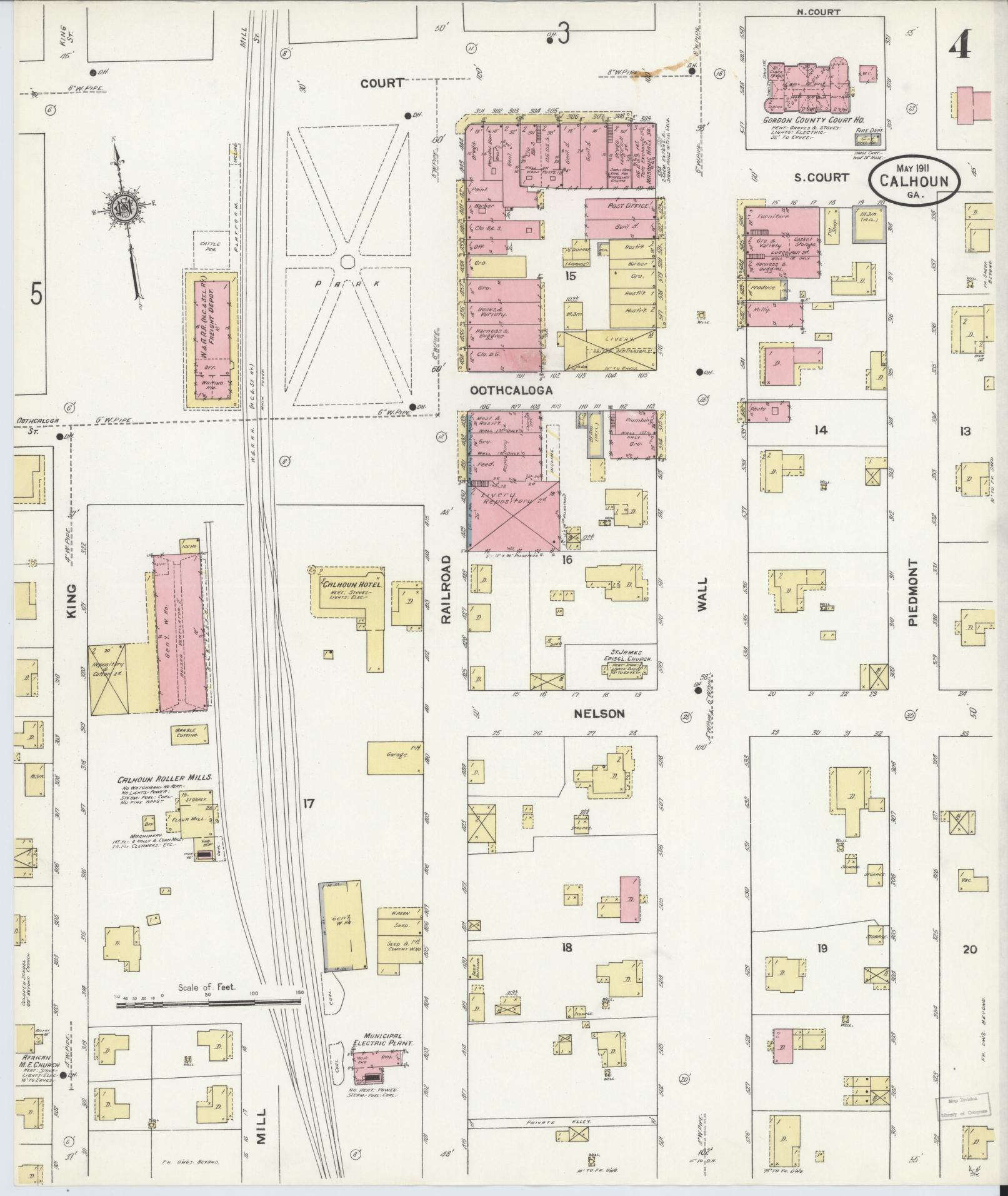 Sanborn Fire Insurance Map from Calhoun, Gordon County, Georgia (1911), Sheet #0004 - Complete Map Set gallery image, historic Sanborn map, vintage wall art, Georgia Georgia