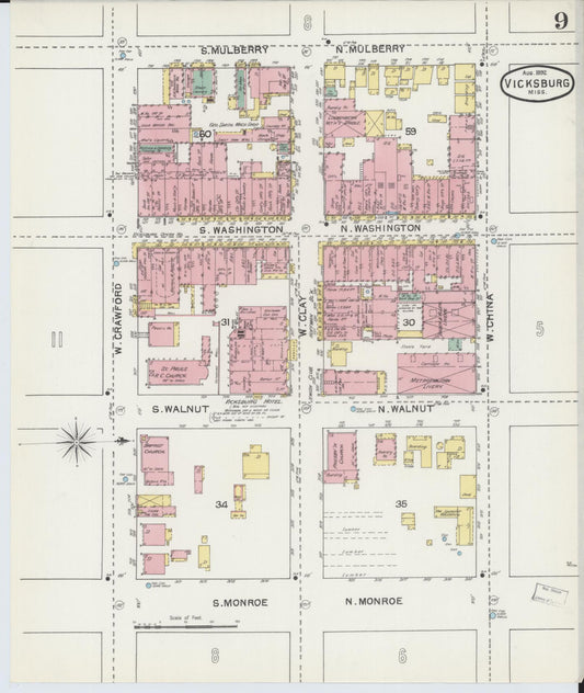 Sanborn Fire Insurance Map from Vicksburg, Warren County, Mississippi (1892), Sheet #0009 - Historic Sanborn Fire Insurance Map Print, vintage old map wall art, antique decor, genealogy gift, Mississippi Mississippi map