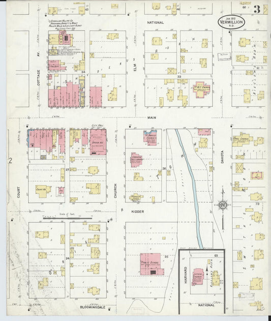 Sanborn Fire Insurance Map from Vermillion, Clay County, South Dakota (1912), Sheet #0003 - Historic Sanborn Fire Insurance Map Print, vintage old map wall art, antique decor, genealogy gift, South Dakota South Dakota map