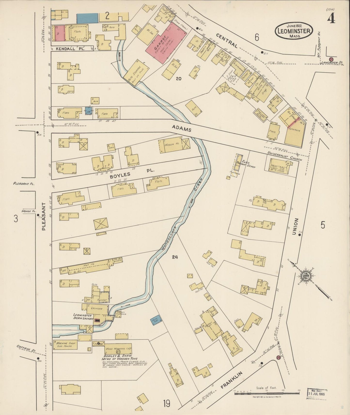 Sanborn Fire Insurance Map from Leominster, Worcester County, Massachusetts (1922), Sheet #0004 - Historic Sanborn Fire Insurance Map Print, vintage old map wall art, antique decor, genealogy gift, Massachusetts Massachusetts map