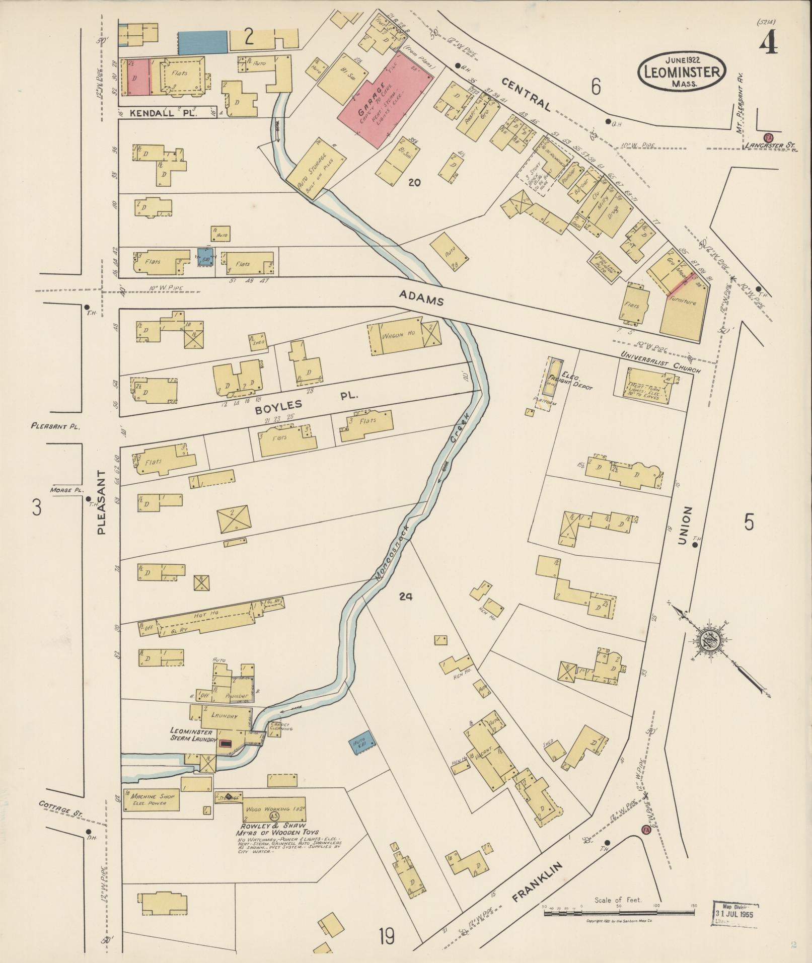 Sanborn Fire Insurance Map from Leominster, Worcester County, Massachusetts (1922), Sheet #0004 - Historic Sanborn Fire Insurance Map Print, vintage old map wall art, antique decor, genealogy gift, Massachusetts Massachusetts map