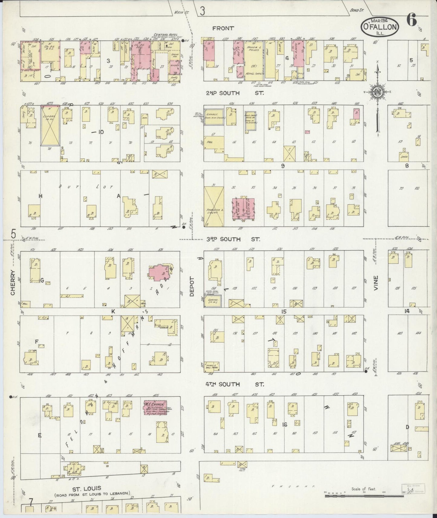 Sanborn Fire Insurance Map from O'Fallon, Saint Clair County, Illinois (1914), Sheet #0006 - Historic Sanborn Fire Insurance Map Print, vintage old map wall art, antique decor, genealogy gift, Illinois Illinois map