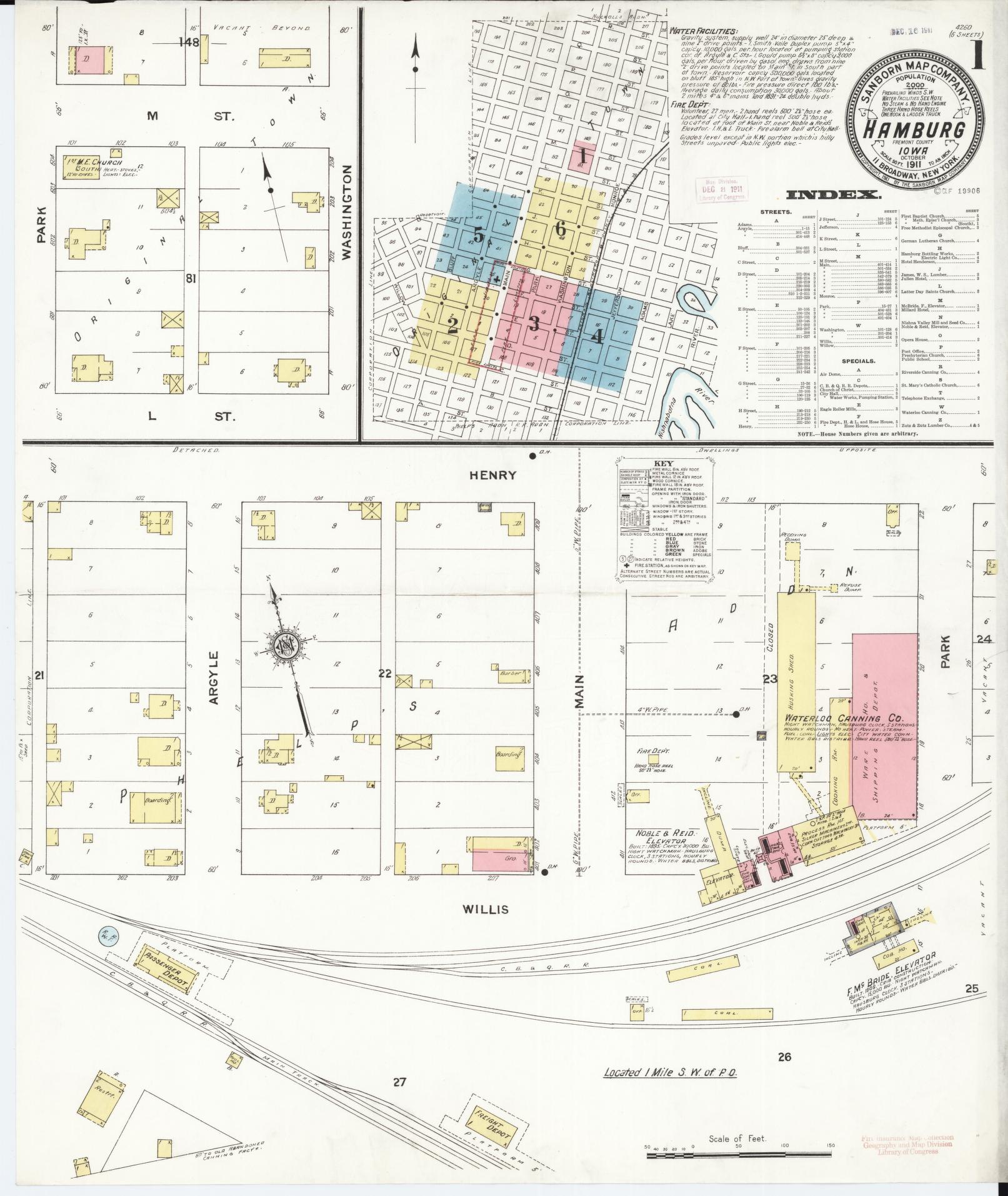 Sanborn Fire Insurance Map from Hamburg, Fremont County, Iowa (1911), Sheet #0001 - Historic Sanborn Fire Insurance Map Print, vintage old map wall art