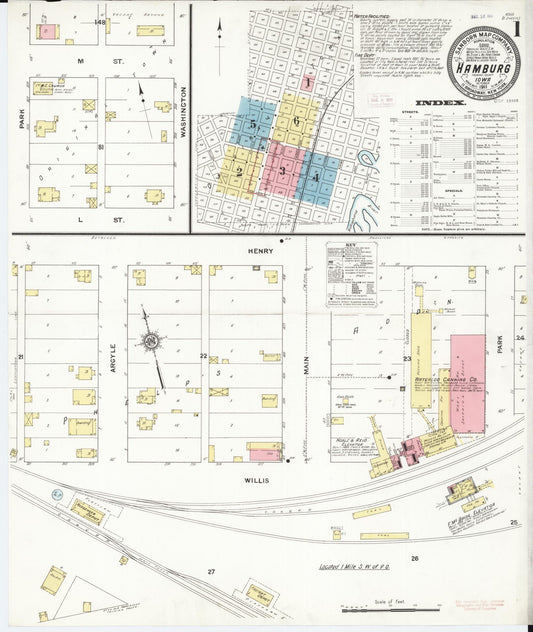Sanborn Fire Insurance Map from Hamburg, Fremont County, Iowa (1911), Sheet #0001 - Historic Sanborn Fire Insurance Map Print, vintage old map wall art