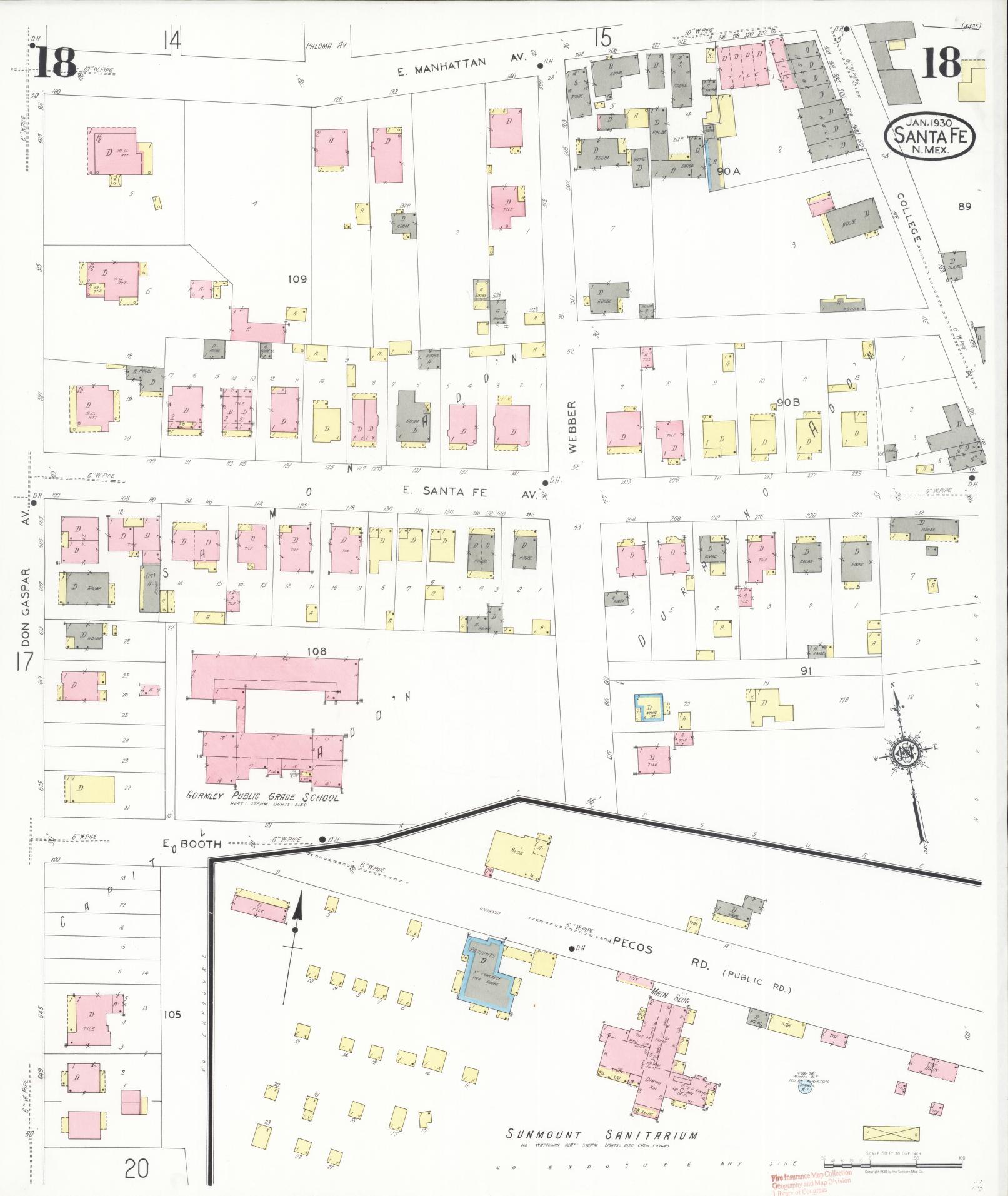 Sanborn Fire Insurance Map from Santa Fe, Santa Fe County, New Mexico (1930), Sheet #0018 - Complete Map Set gallery image, historic Sanborn map, vintage wall art, New Mexico New Mexico