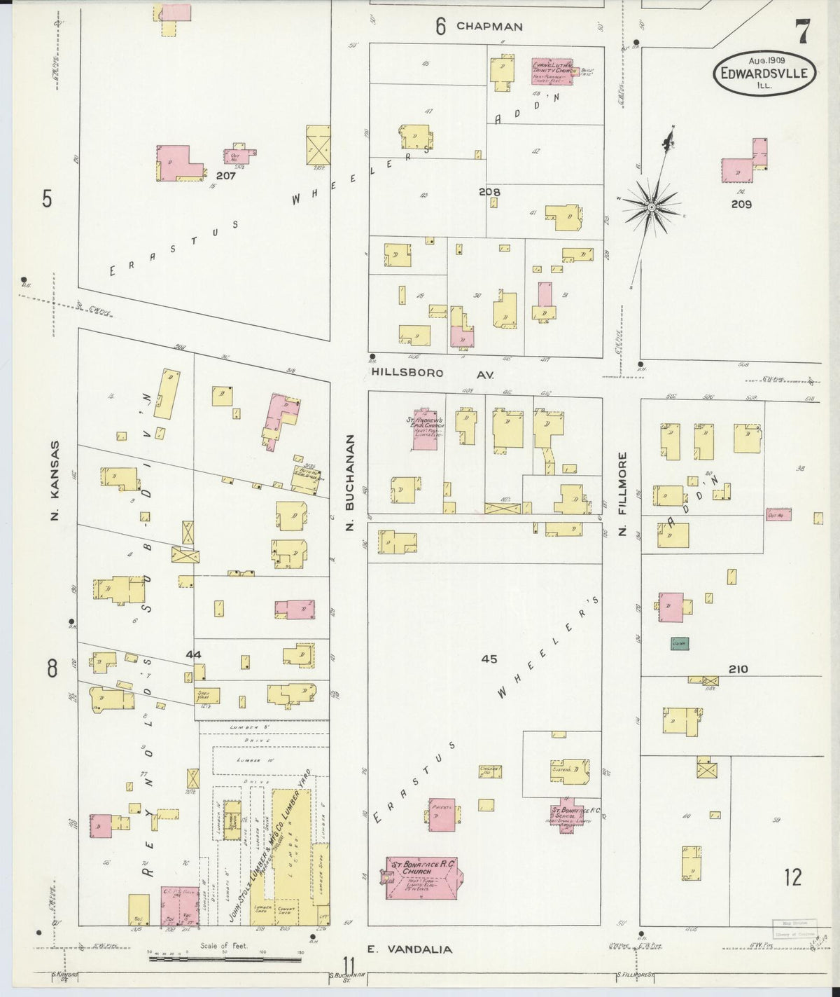 Sanborn Fire Insurance Map from Edwardsville, Madison County, Illinois (1909), Sheet #0007 - Historic Sanborn Fire Insurance Map Print, vintage old map wall art, antique decor, genealogy gift, Illinois Illinois map