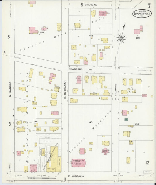 Sanborn Fire Insurance Map from Edwardsville, Madison County, Illinois (1909), Sheet #0007 - Historic Sanborn Fire Insurance Map Print, vintage old map wall art, antique decor, genealogy gift, Illinois Illinois map