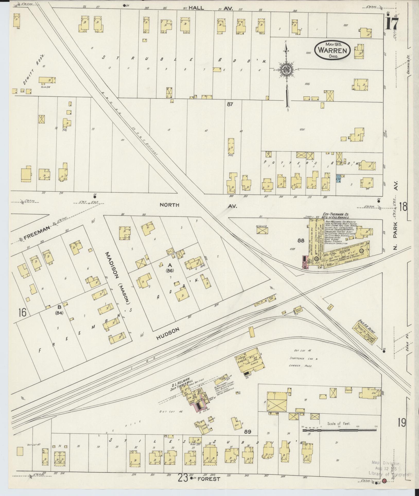 Sanborn Fire Insurance Map from Warren, Trumbull County, Ohio (1915), Sheet #0017 - Complete Map Set gallery image, historic Sanborn map, vintage wall art, Ohio Ohio