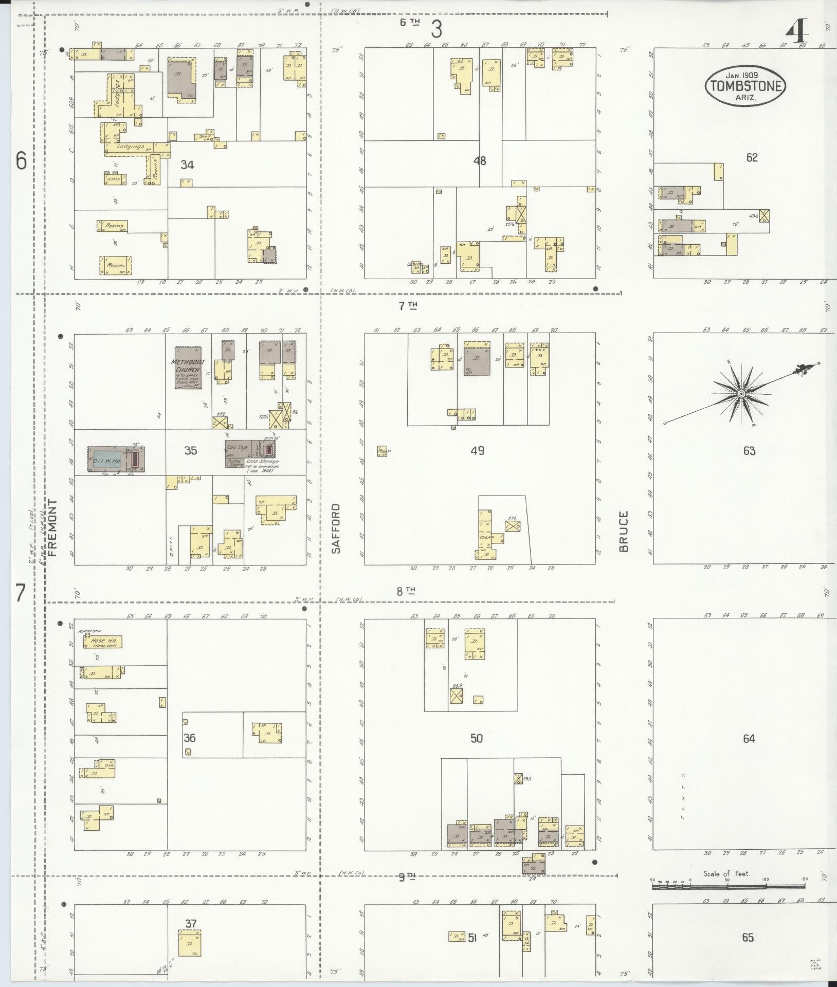 Sanborn Fire Insurance Map from Tombstone, Cochise County, Arizona (1909), Sheet #0004 - Historic Sanborn Fire Insurance Map Print, vintage old map wall art, antique decor, genealogy gift, Arizona Arizona map