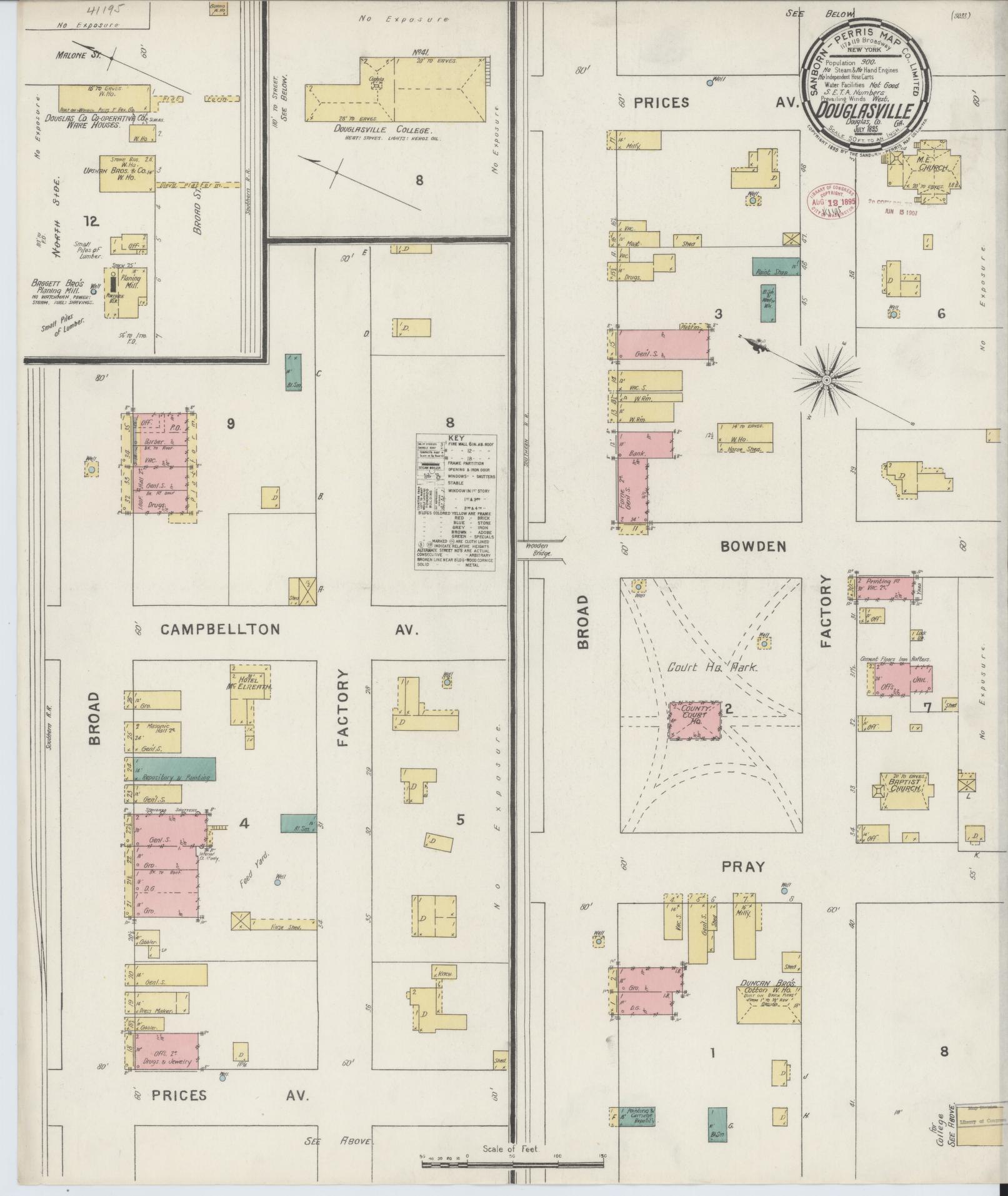 Sanborn Fire Insurance Map from Douglasville, Douglas County, Georgia (1895), Sheet #0001 - Historic Sanborn Fire Insurance Map Print, vintage old map wall art, antique decor, genealogy gift, Georgia Georgia map