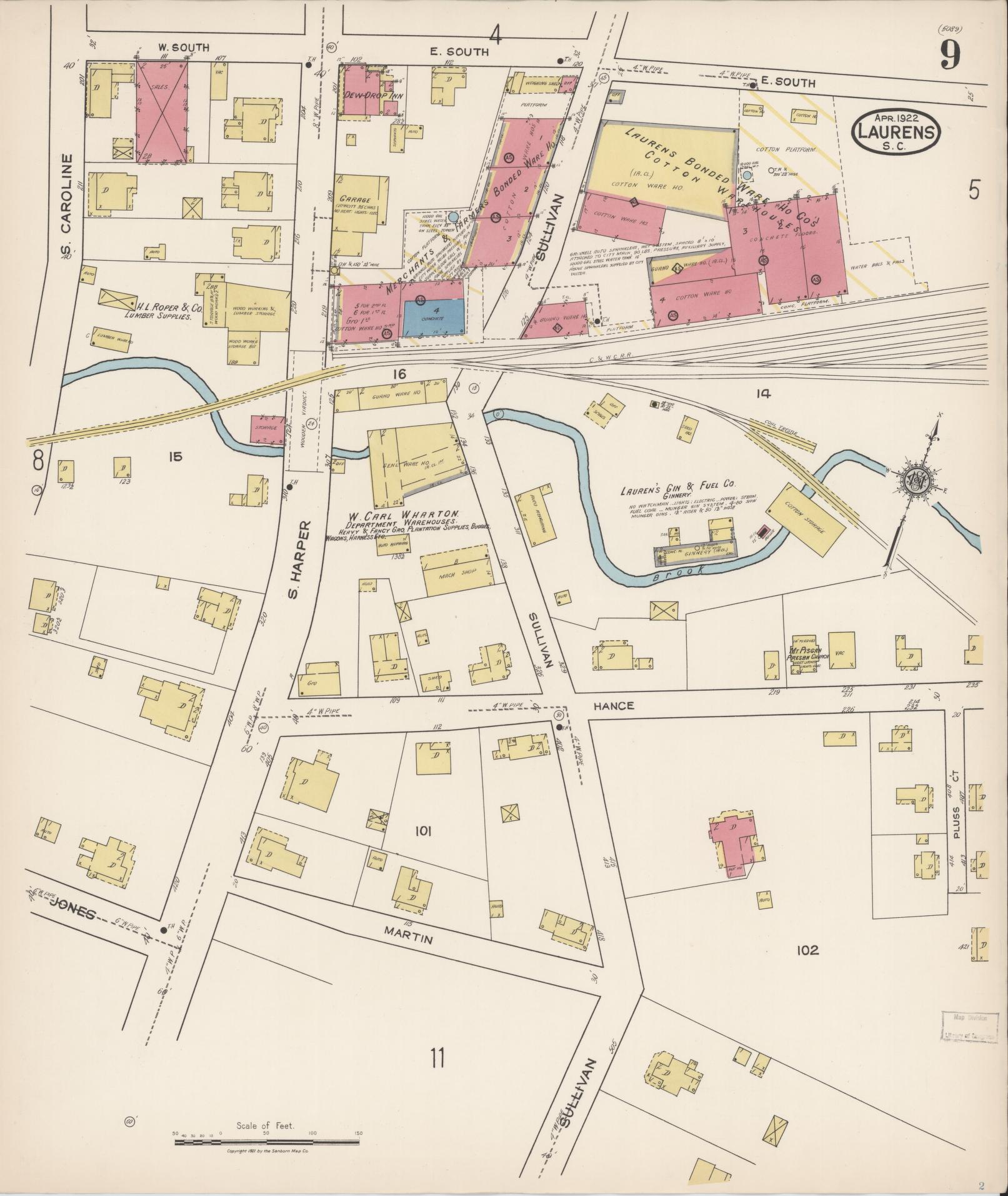 Sanborn Fire Insurance Map from Laurens, Laurens County, South Carolina (1922), Sheet #0009 - Historic Sanborn Fire Insurance Map Print, vintage old map wall art, antique decor, genealogy gift, South Carolina South Carolina map