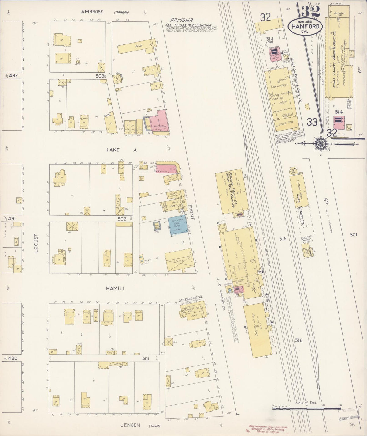 Sanborn Fire Insurance Map from Hanford, Kings County, California (1913), Sheet #0032 - Complete Map Set gallery image, historic Sanborn map, vintage wall art, California California