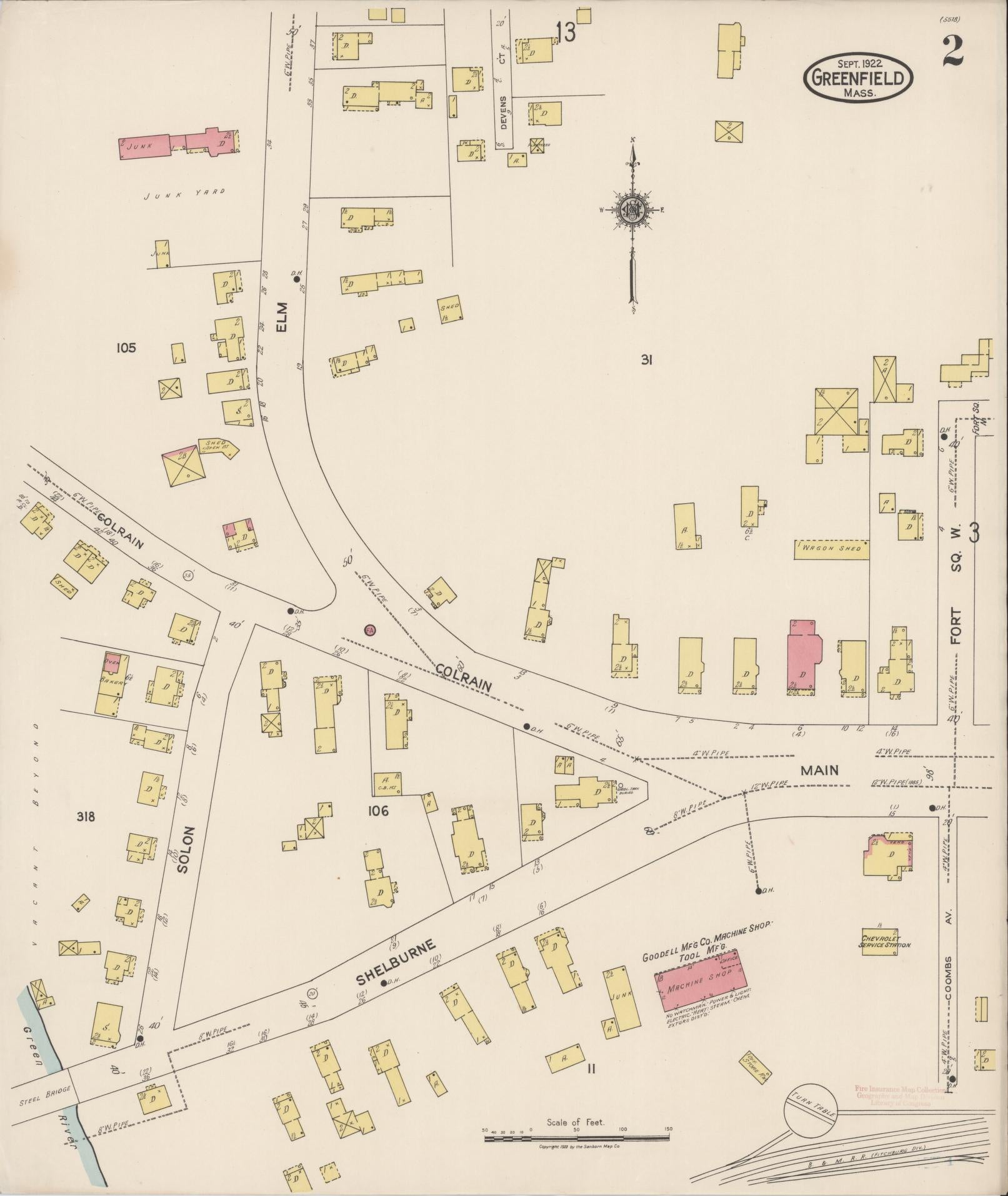 Sanborn Fire Insurance Map from Greenfield, Franklin County, Massachusetts (1922), Sheet #0002 - Historic Sanborn Fire Insurance Map Print, vintage old map wall art, antique decor, genealogy gift, Massachusetts Massachusetts map