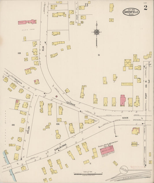 Sanborn Fire Insurance Map from Greenfield, Franklin County, Massachusetts (1922), Sheet #0002 - Historic Sanborn Fire Insurance Map Print, vintage old map wall art, antique decor, genealogy gift, Massachusetts Massachusetts map