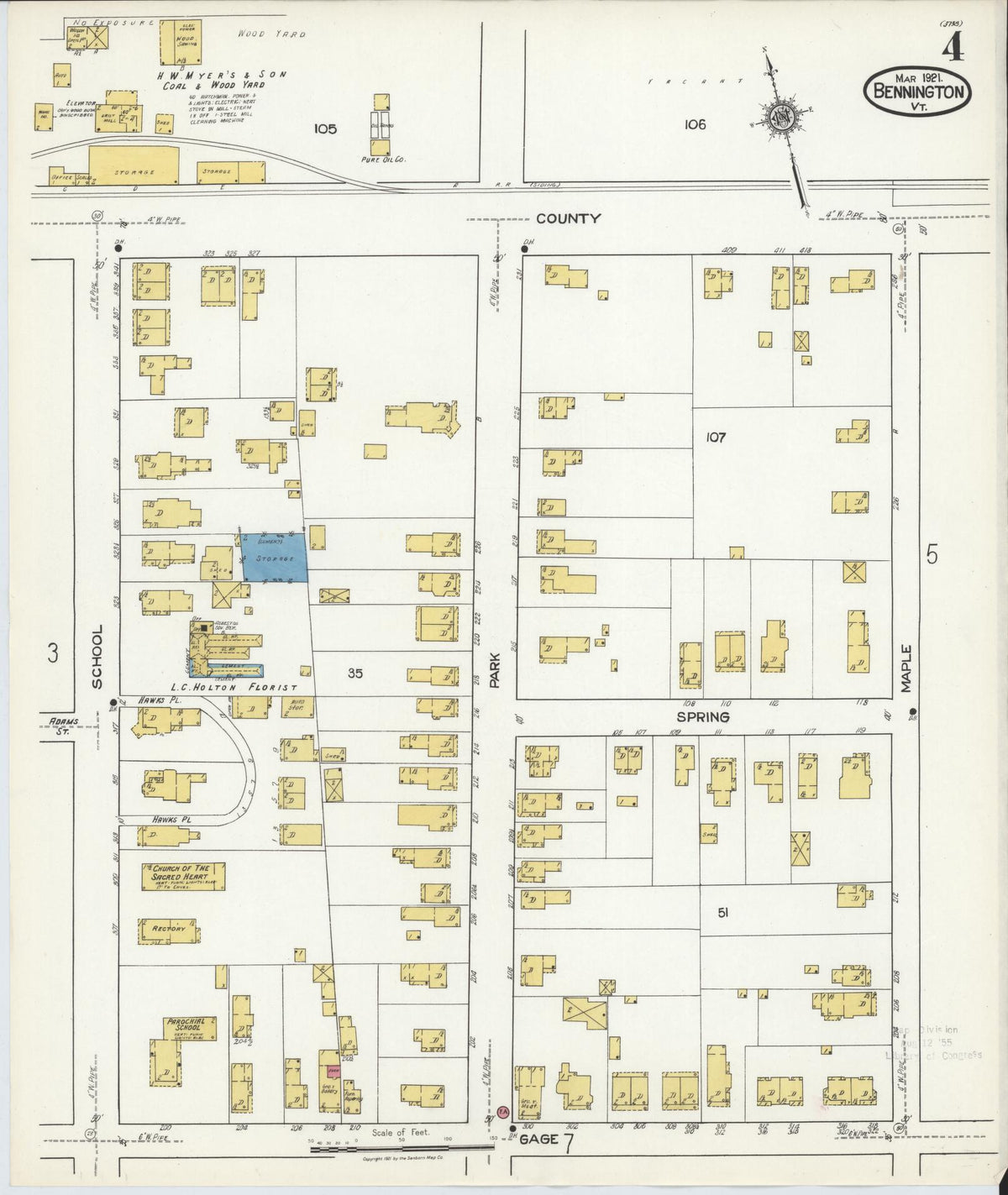 Sanborn Fire Insurance Map from Bennington, Bennington County, Vermont (1921), Sheet #0004 - Complete Map Set gallery image, historic Sanborn map, vintage wall art, Vermont Vermont