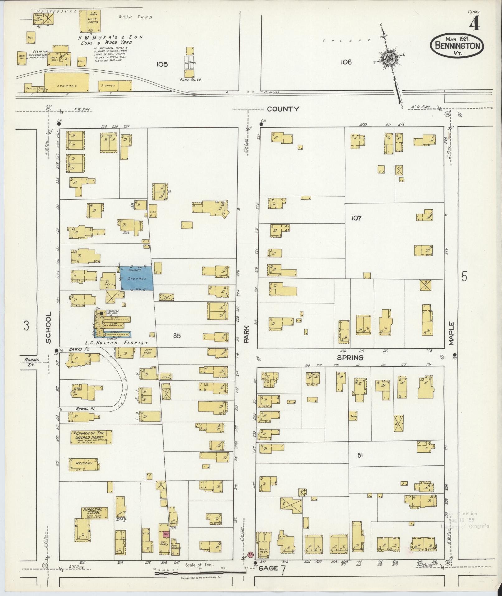 Sanborn Fire Insurance Map from Bennington, Bennington County, Vermont (1921), Sheet #0004 - Complete Map Set gallery image, historic Sanborn map, vintage wall art, Vermont Vermont