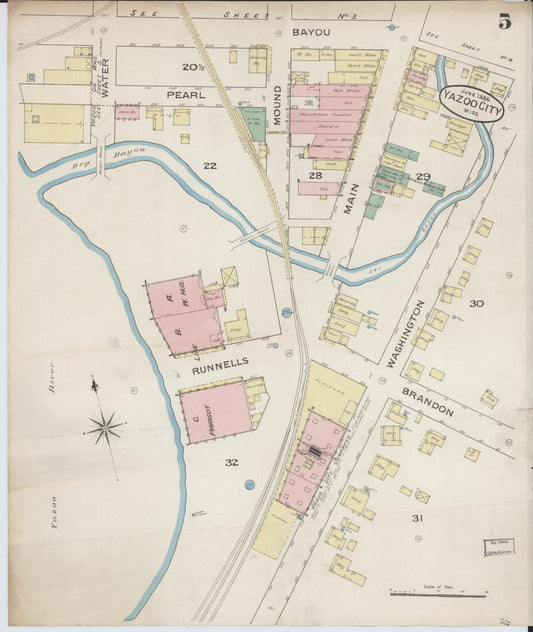 Sanborn Fire Insurance Map from Yazoo City, Yazoo County, Mississippi (1886), Sheet #0005 - Historic Sanborn Fire Insurance Map Print, vintage old map wall art, antique decor, genealogy gift, Mississippi Mississippi map