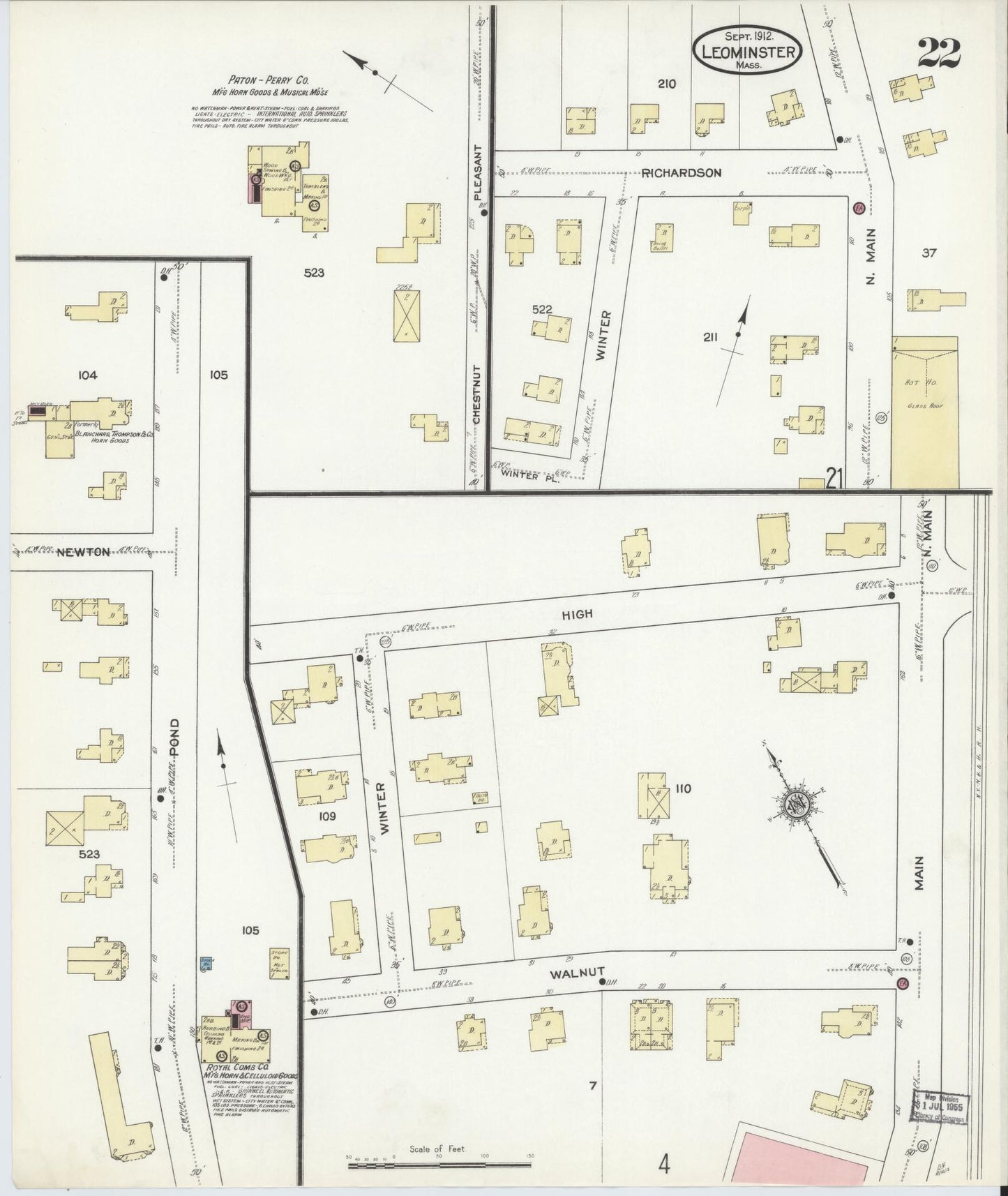 Sanborn Fire Insurance Map from Leominster, Worcester County, Massachusetts (1912), Sheet #0022 - Complete Map Set gallery image, historic Sanborn map, vintage wall art, Massachusetts Massachusetts