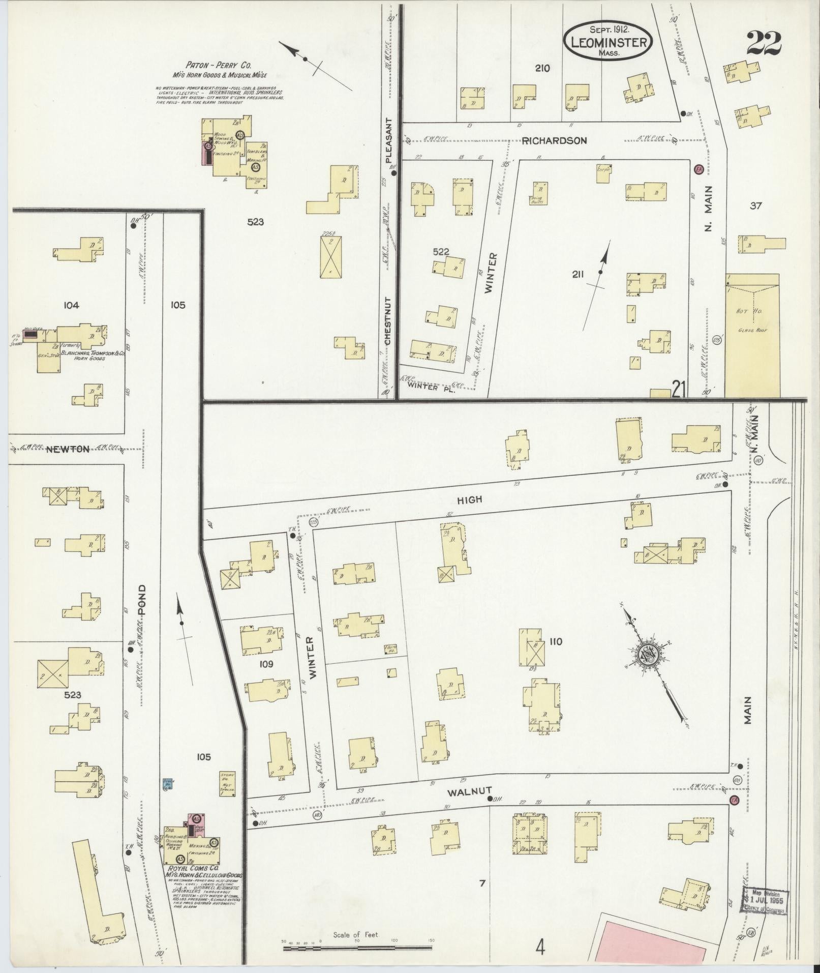 Sanborn Fire Insurance Map from Leominster, Worcester County, Massachusetts (1912), Sheet #0022 - Complete Map Set gallery image, historic Sanborn map, vintage wall art, Massachusetts Massachusetts