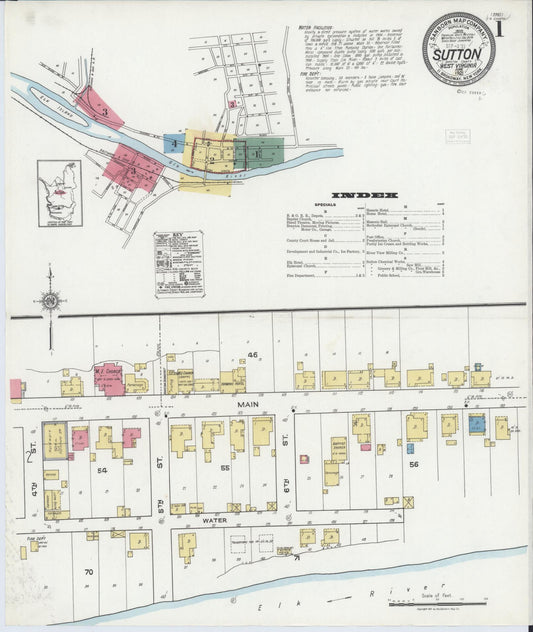 Sanborn Fire Insurance Map from Sutton, Braxton County, West Virginia (1921), Sheet #0001 - Historic Sanborn Fire Insurance Map Print, vintage old map wall art, antique decor, genealogy gift, West Virginia West Virginia map