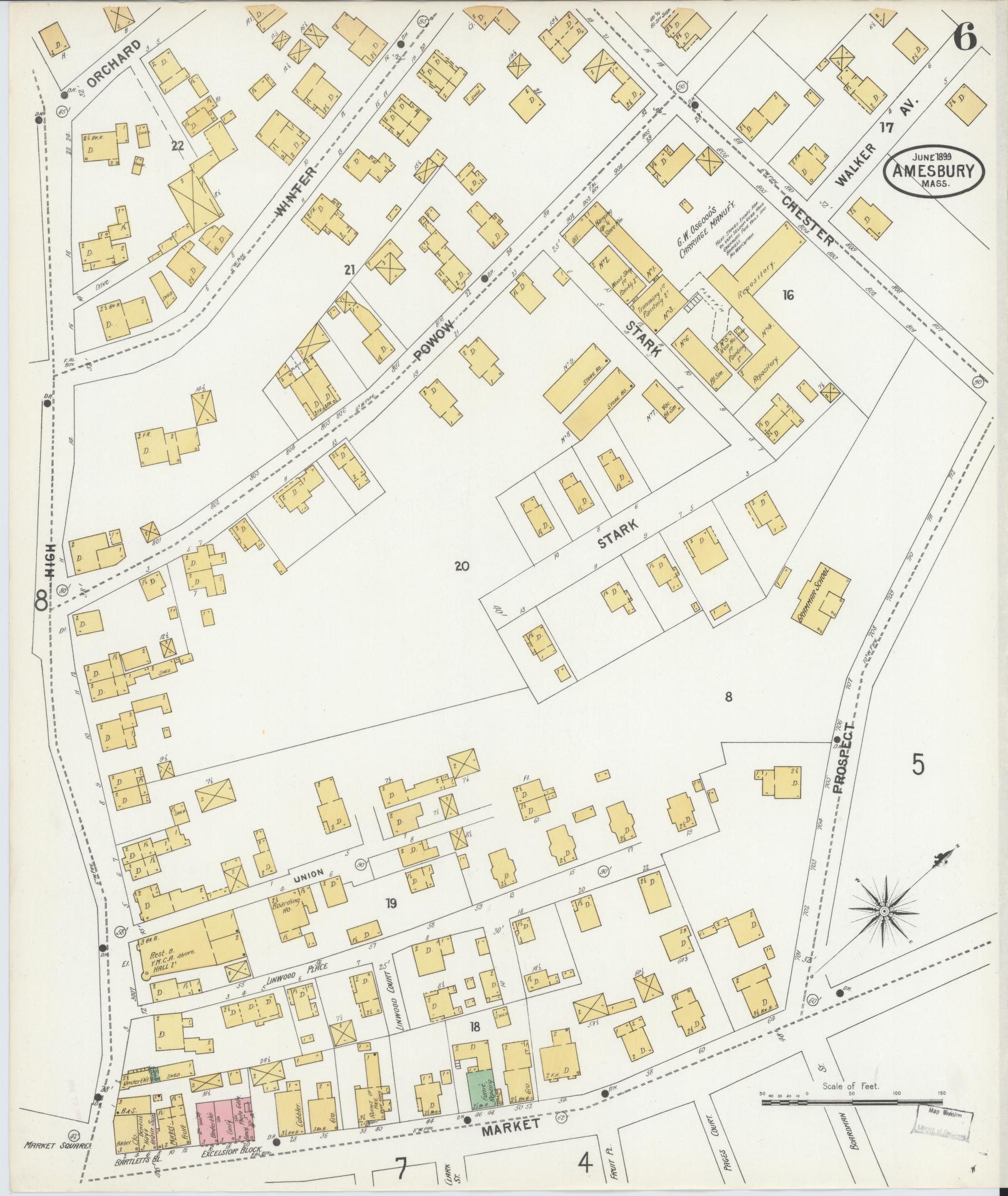 Sanborn Fire Insurance Map from Amesbury, Essex County, Massachusetts (1899), Sheet #0006 - Historic Sanborn Fire Insurance Map Print, vintage old map wall art, antique decor, genealogy gift, Massachusetts Massachusetts map