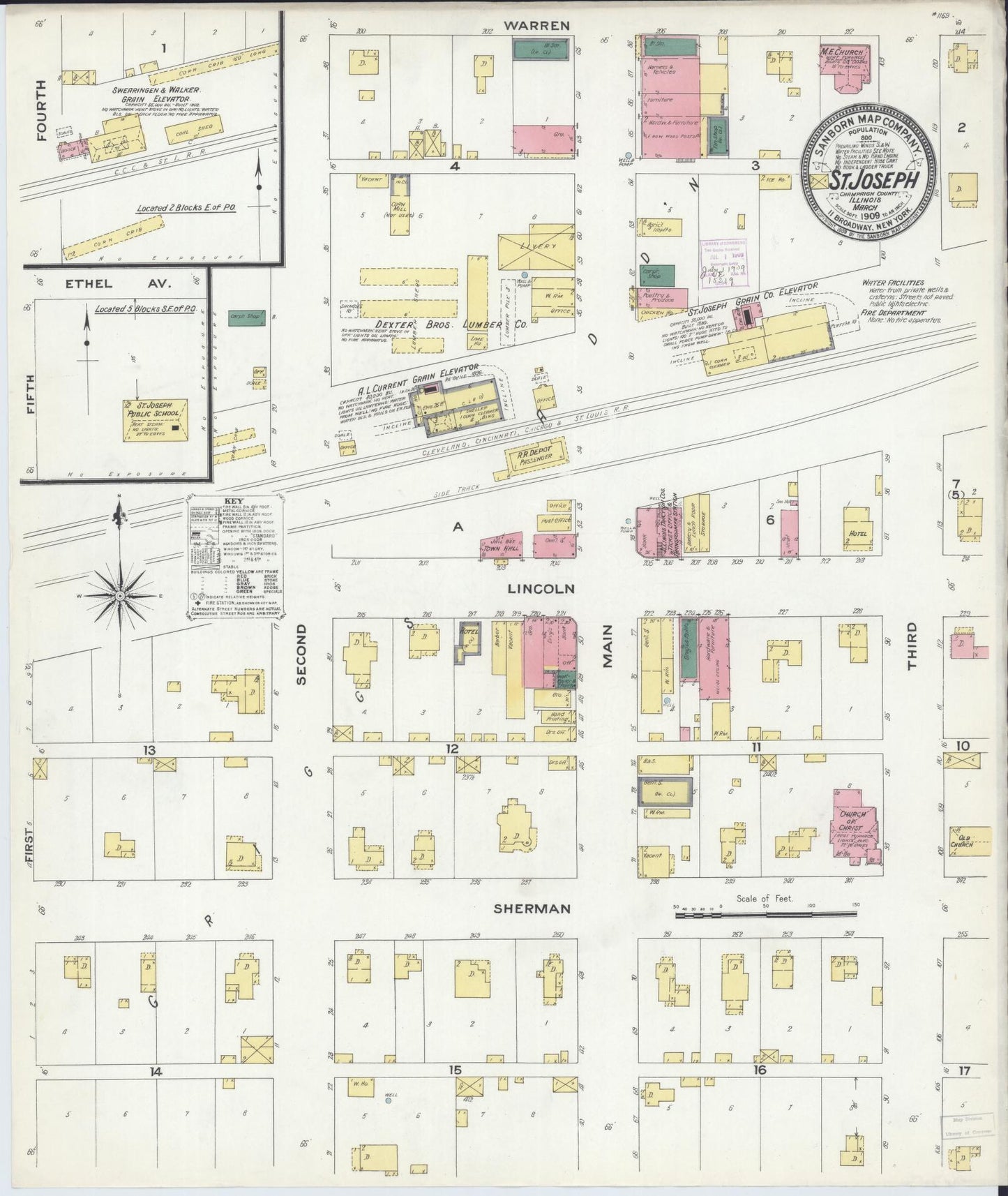 Sanborn Fire Insurance Map from Saint Joseph, Champaign County, Illinois (1909), Sheet #0001 - Historic Sanborn Fire Insurance Map Print, vintage old map wall art, antique decor, genealogy gift, Illinois Illinois map