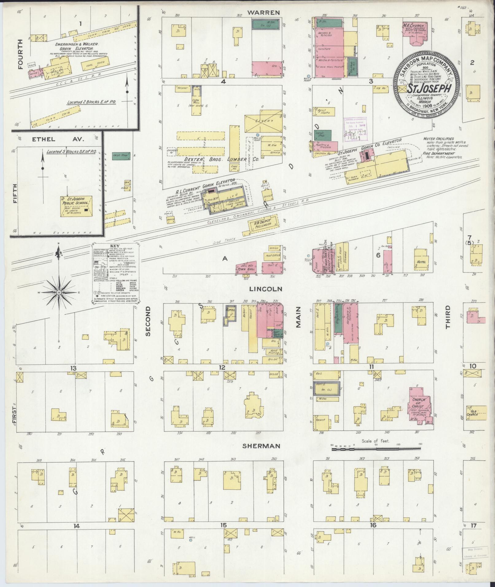 Sanborn Fire Insurance Map from Saint Joseph, Champaign County, Illinois (1909), Sheet #0001 - Historic Sanborn Fire Insurance Map Print, vintage old map wall art, antique decor, genealogy gift, Illinois Illinois map