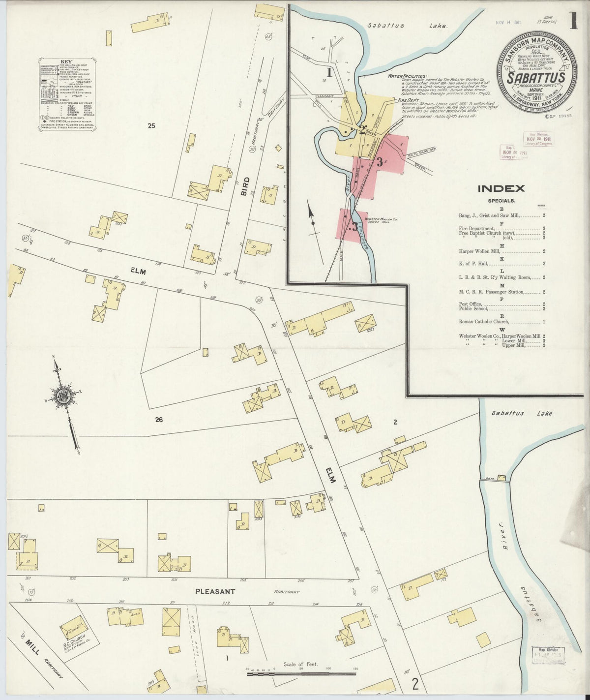 Sanborn Fire Insurance Map from Sabattus, Androscoggin County, Maine (1911), Sheet #0001 - Historic Sanborn Fire Insurance Map Print, vintage old map wall art, antique decor, genealogy gift, Maine Maine map