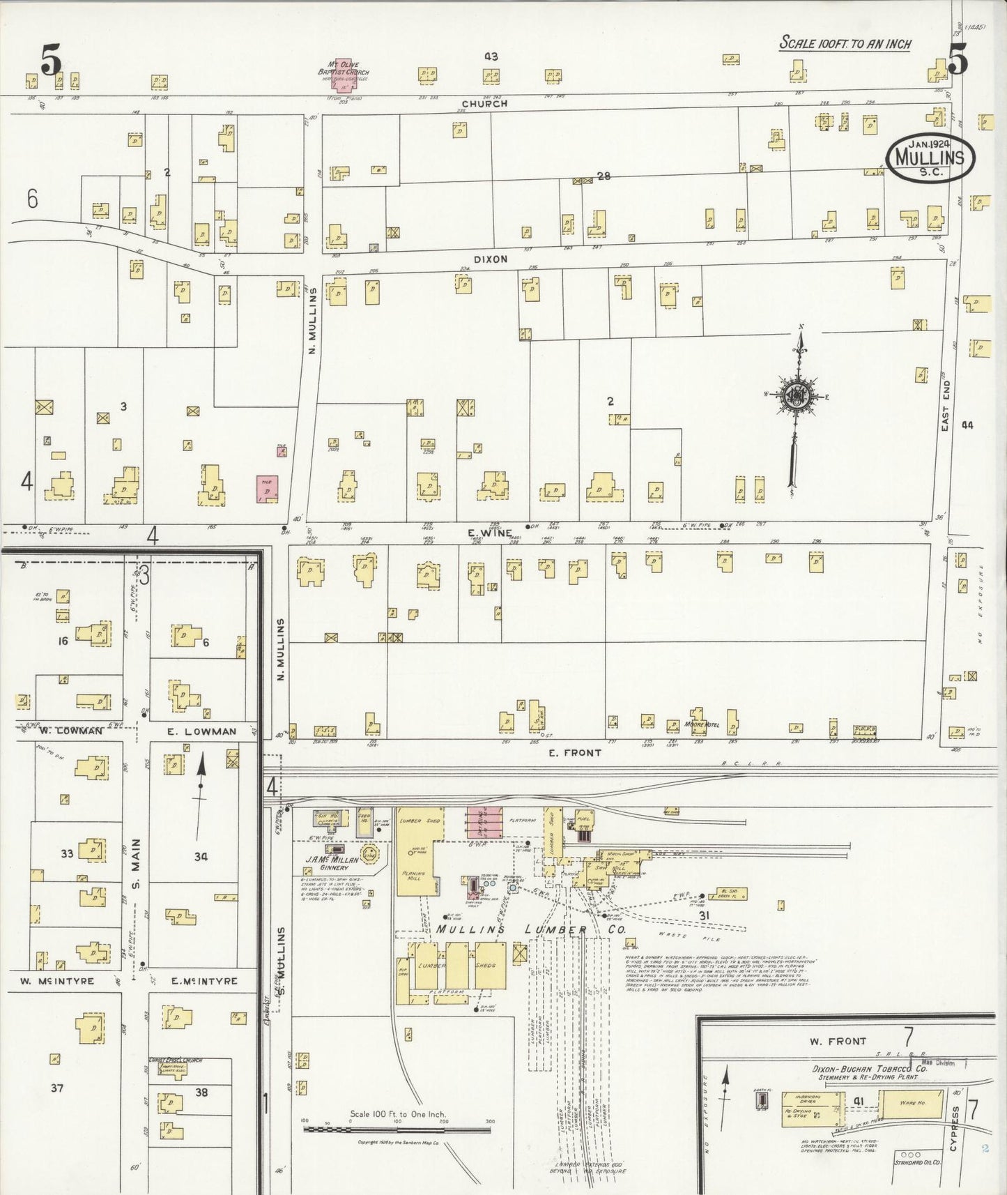 Sanborn Fire Insurance Map from Mullins, Marion County, South Carolina (1924), Sheet #0005 - Complete Map Set gallery image, historic Sanborn map, vintage wall art, South Carolina South Carolina