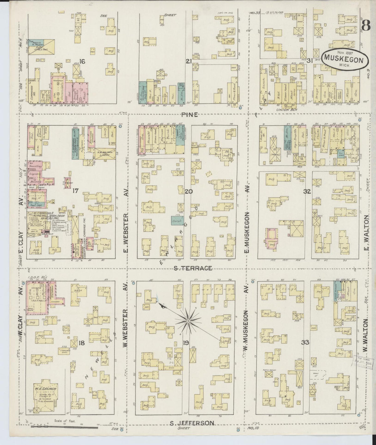 Sanborn Fire Insurance Map from Muskegon, Muskegon County, Michigan (1887), Sheet #0008 - Historic Sanborn Fire Insurance Map Print, vintage old map wall art, antique decor, genealogy gift, Michigan Michigan map