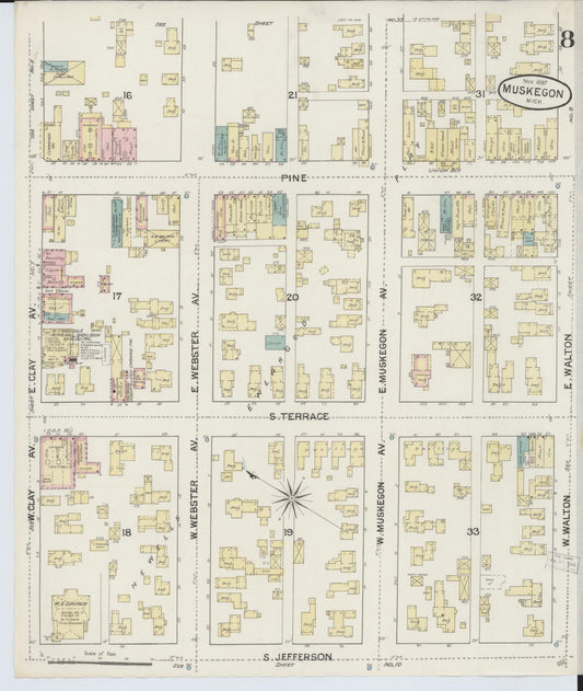 Sanborn Fire Insurance Map from Muskegon, Muskegon County, Michigan (1887), Sheet #0008 - Historic Sanborn Fire Insurance Map Print, vintage old map wall art, antique decor, genealogy gift, Michigan Michigan map