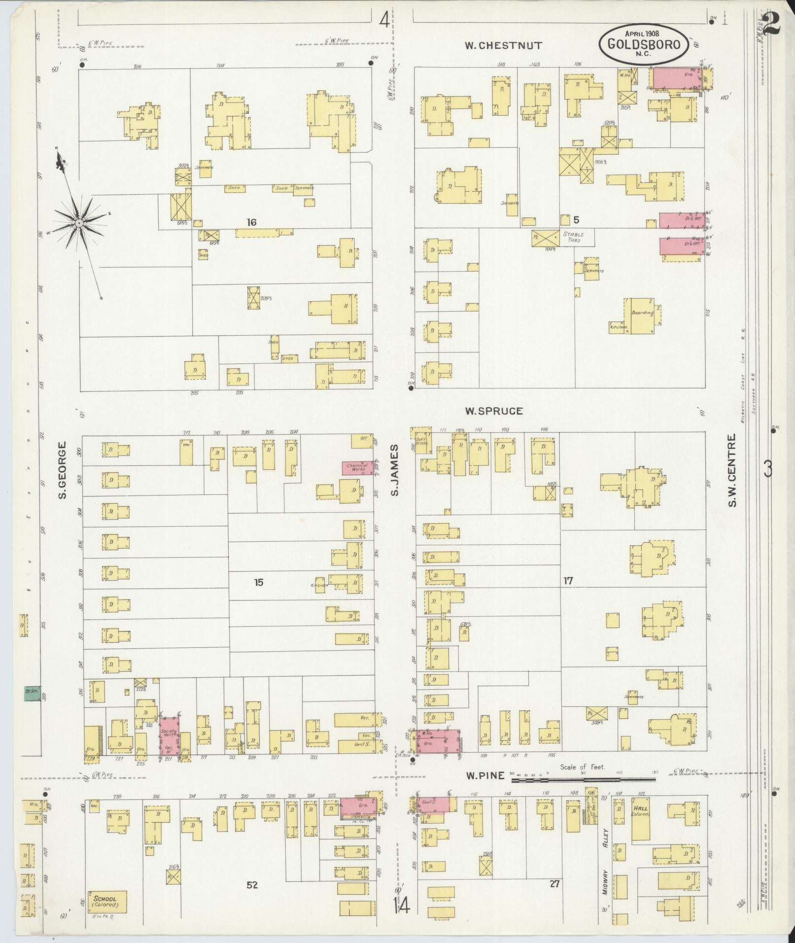 Sanborn Fire Insurance Map from Goldsboro, Wayne County, North Carolina (1908), Sheet #0002 - Complete Map Set gallery image, historic Sanborn map, vintage wall art, North Carolina North Carolina