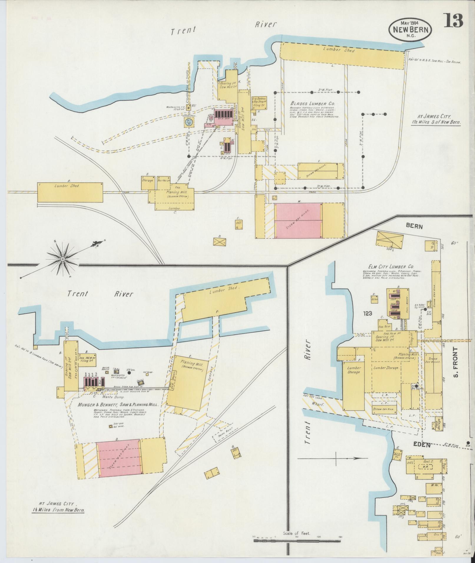 Sanborn Fire Insurance Map from New Bern, Craven County, North Carolina (1904), Sheet #0013 - Historic Sanborn Fire Insurance Map Print, vintage old map wall art, antique decor, genealogy gift, North Carolina North Carolina map