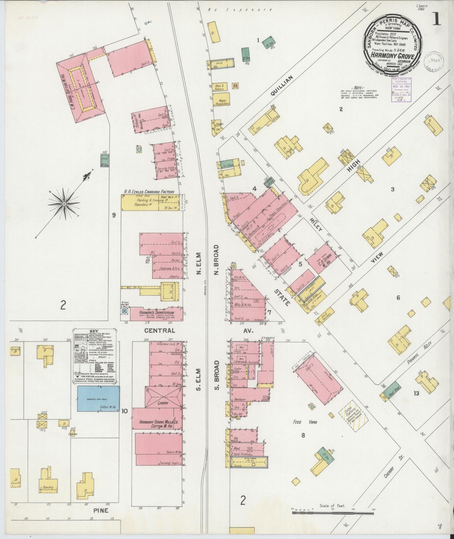 Sanborn Fire Insurance Map from Harmony Grove, Jackson County, Georgia (1901), Sheet #0001 - Complete Map Set gallery image, historic Sanborn map, vintage wall art, Georgia Georgia