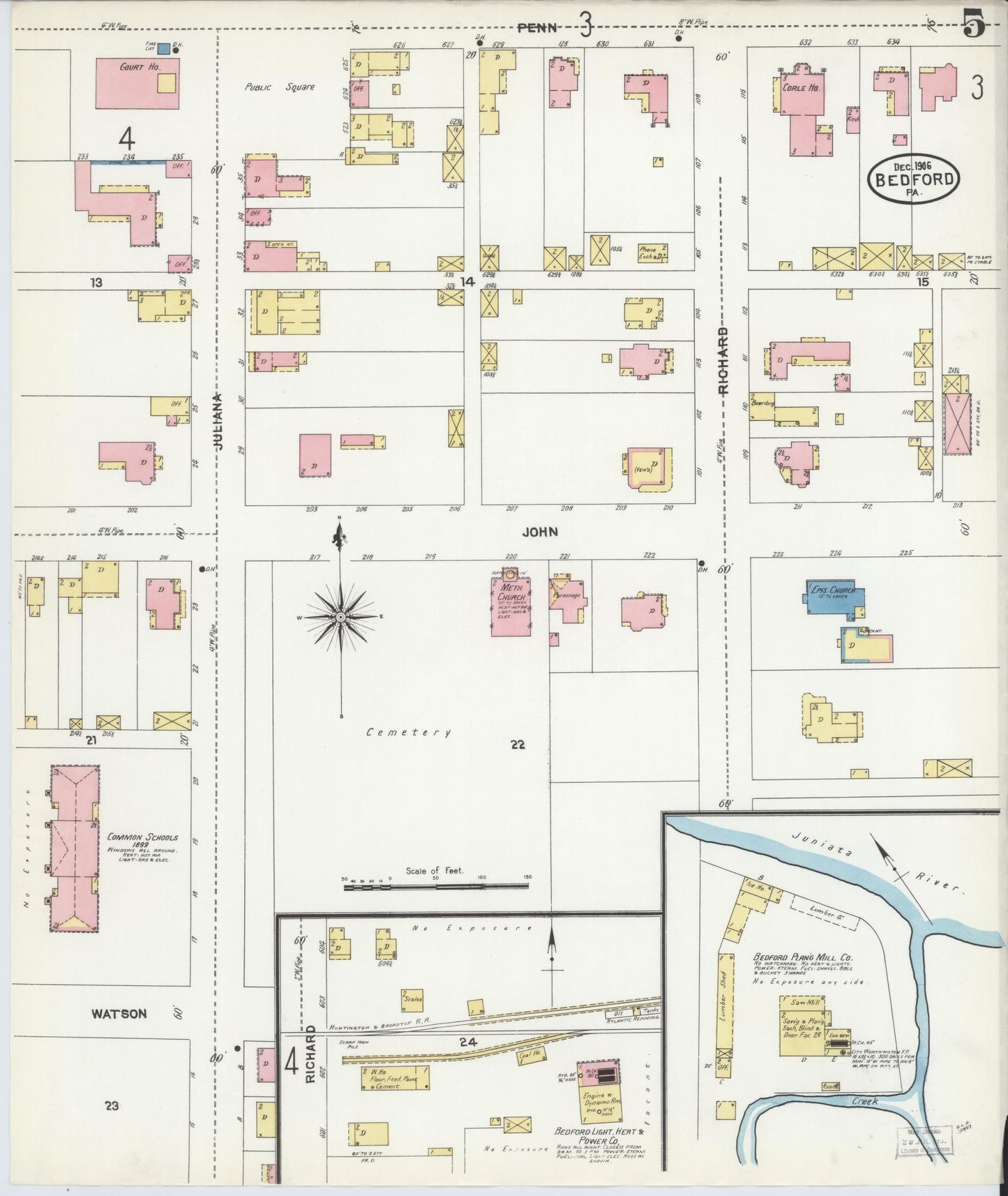 Sanborn Fire Insurance Map from Bedford, Bedford County, Pennsylvania (1906), Sheet #0005 - Historic Sanborn Fire Insurance Map Print, vintage old map wall art, antique decor, genealogy gift, Pennsylvania Pennsylvania map