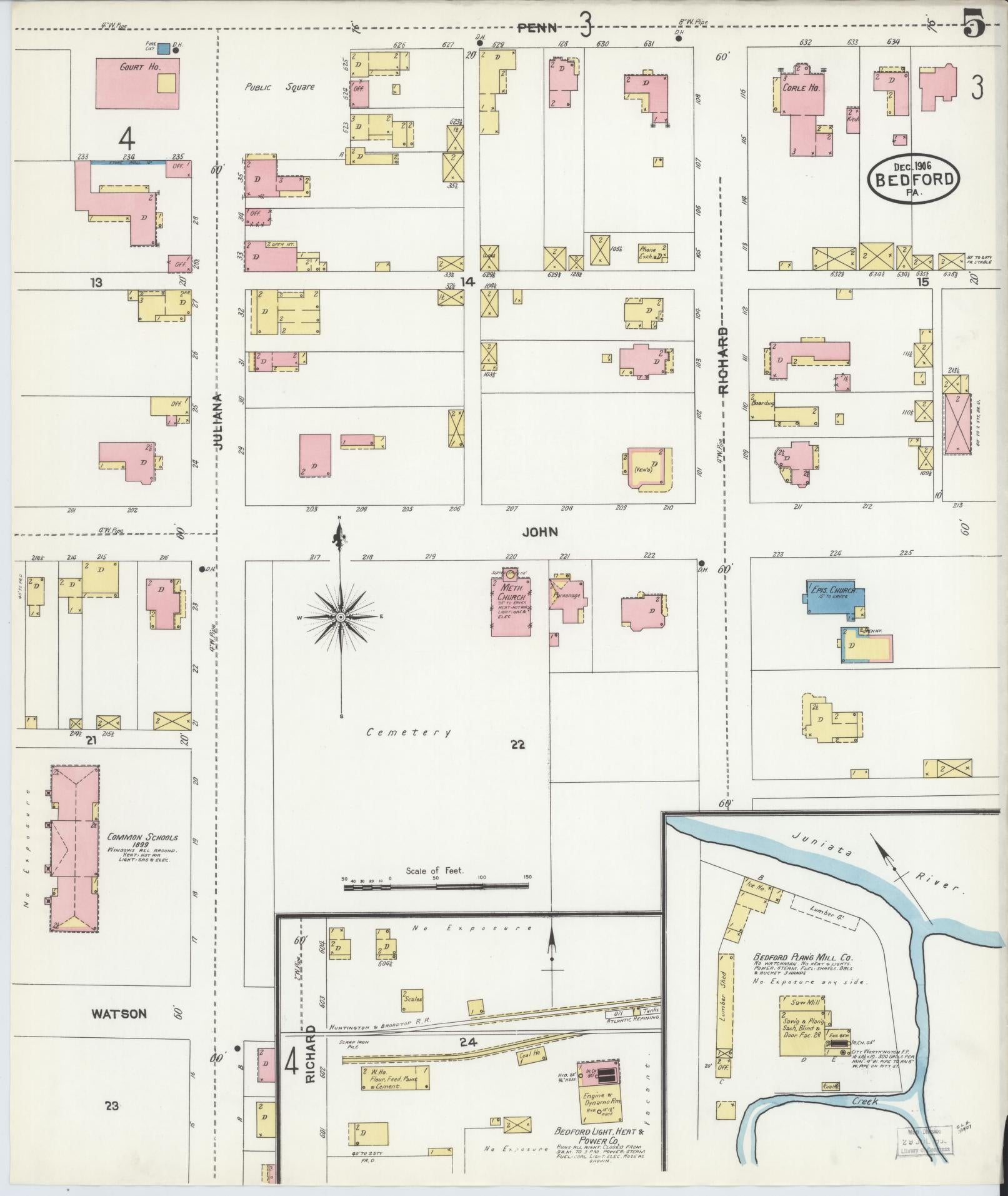 Sanborn Fire Insurance Map from Bedford, Bedford County, Pennsylvania (1906), Sheet #0005 - Historic Sanborn Fire Insurance Map Print, vintage old map wall art, antique decor, genealogy gift, Pennsylvania Pennsylvania map