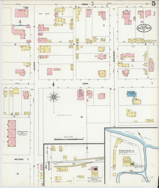 Sanborn Fire Insurance Map from Bedford, Bedford County, Pennsylvania (1906), Sheet #0005 - Historic Sanborn Fire Insurance Map Print, vintage old map wall art, antique decor, genealogy gift, Pennsylvania Pennsylvania map