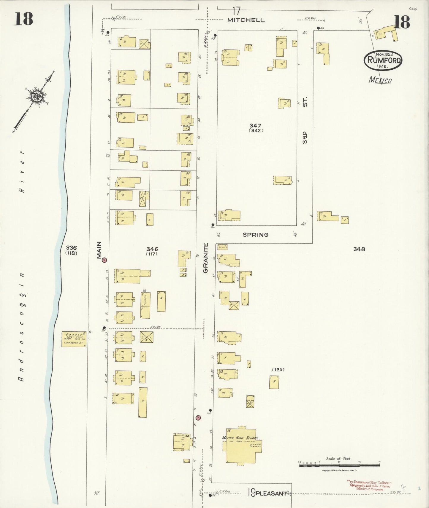 Sanborn Fire Insurance Map from Rumford, Oxford County, Maine (1923), Sheet #0018 - Complete Map Set gallery image, historic Sanborn map, vintage wall art, Maine Maine