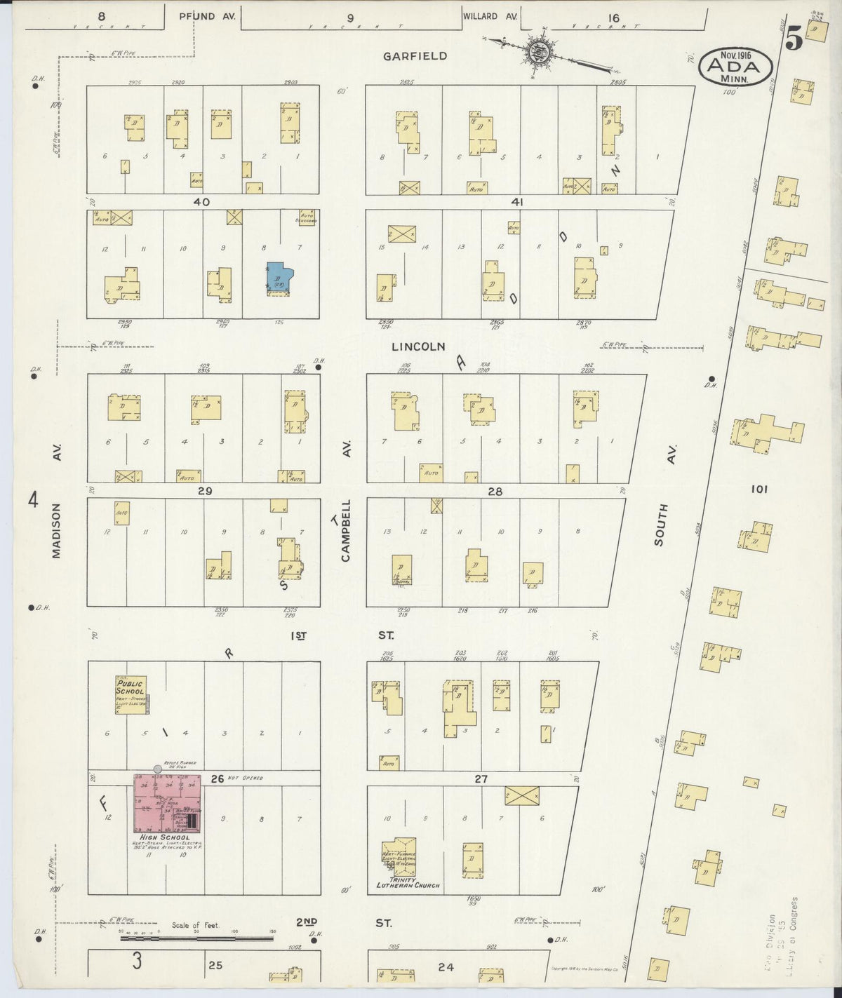Sanborn Fire Insurance Map from Ada, Norman County, Minnesota (1916), Sheet #0005 - Complete Map Set gallery image, historic Sanborn map, vintage wall art, Minnesota Minnesota