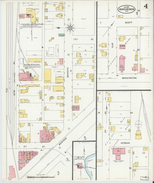 Sanborn Fire Insurance Map from North Vernon, Jennings County, Indiana (1899), Sheet #0004 - Historic Sanborn Fire Insurance Map Print, vintage old map wall art, antique decor, genealogy gift, Indiana Indiana map