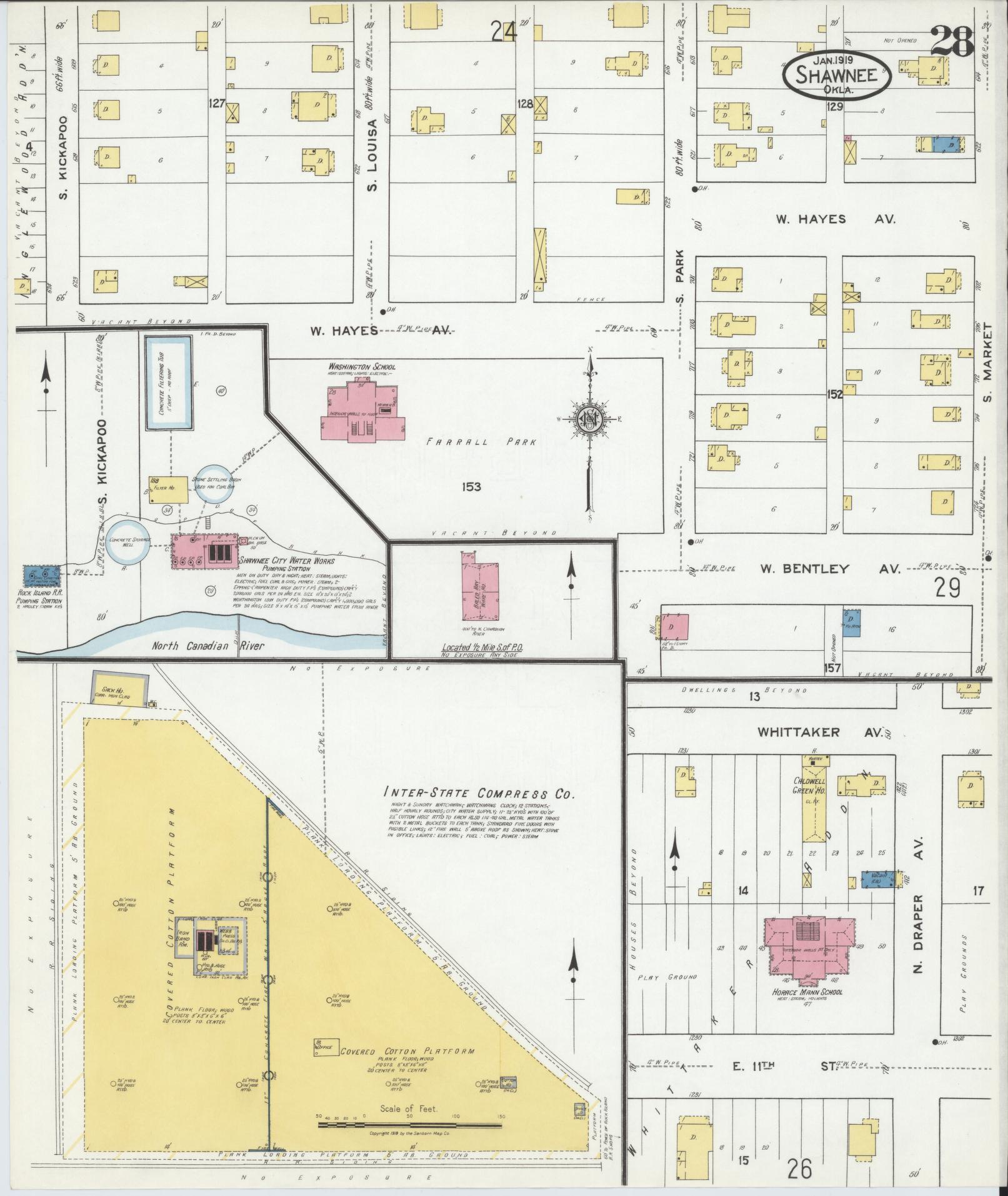 Sanborn Fire Insurance Map from Shawnee, Pottawatomie County, Oklahoma (1919), Sheet #0028 - Complete Map Set gallery image, historic Sanborn map, vintage wall art, Oklahoma Oklahoma