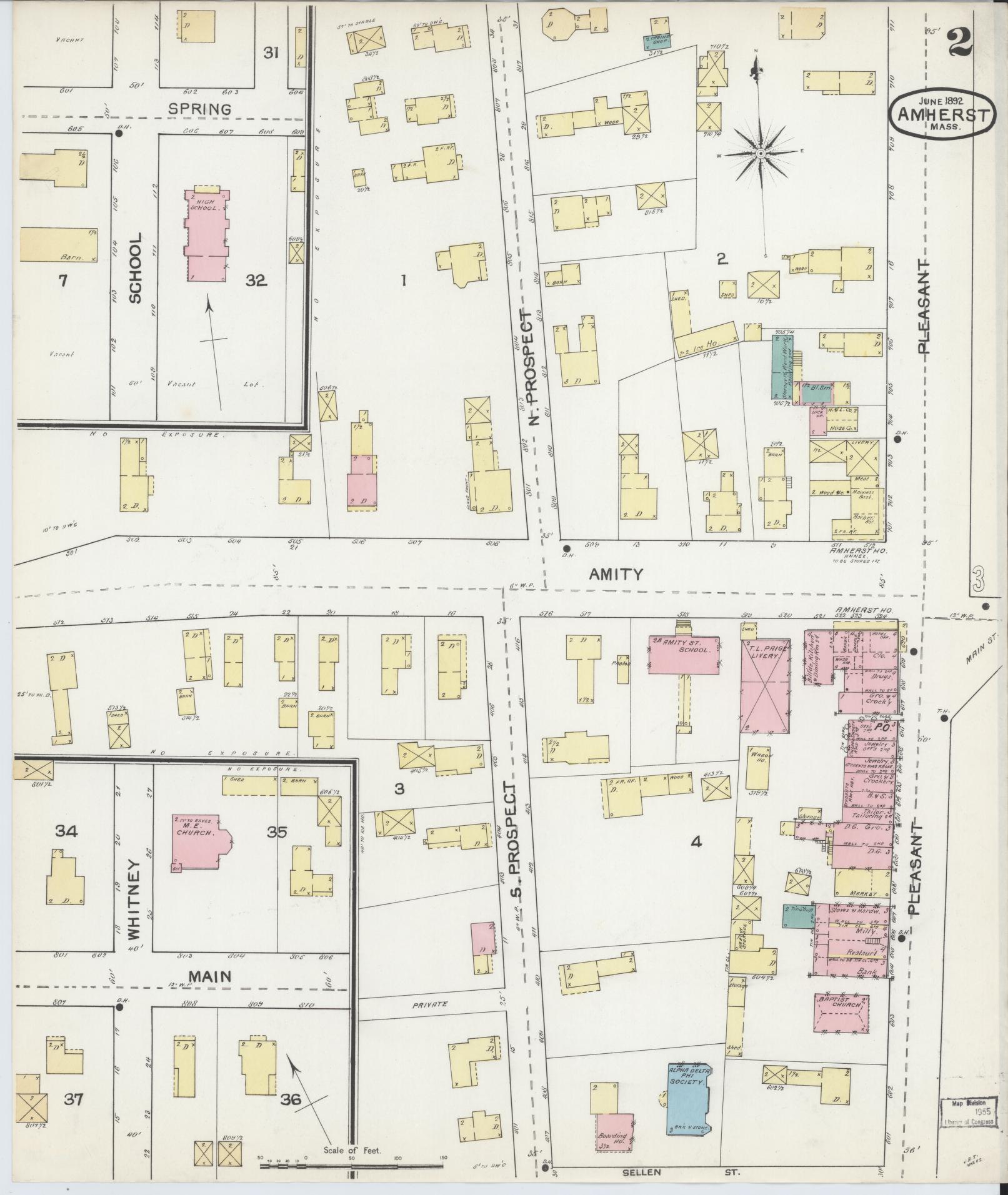 Sanborn Fire Insurance Map from Amherst, Hampshire County, Massachusetts (1892), Sheet #0002 - Complete Map Set gallery image, historic Sanborn map, vintage wall art, Massachusetts Massachusetts