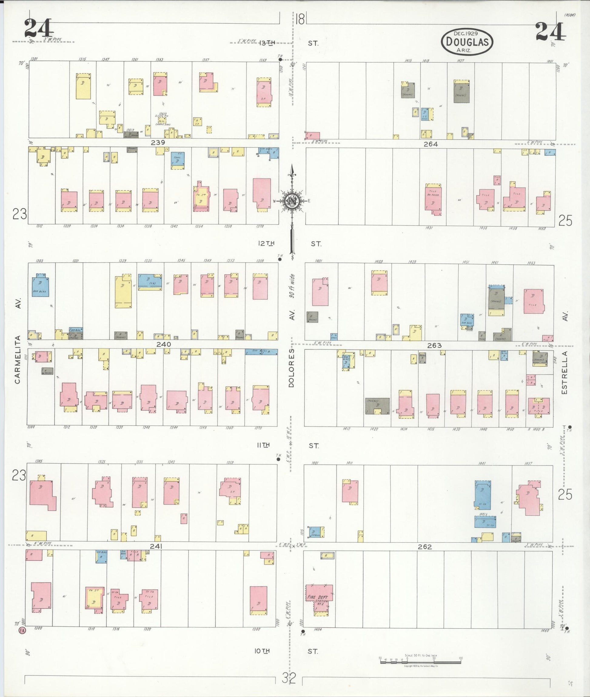 Sanborn Fire Insurance Map from Douglas, Cochise County, Arizona (1929), Sheet #0024 - Complete Map Set gallery image, historic Sanborn map, vintage wall art, Arizona Arizona