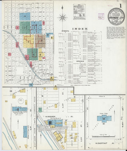 Sanborn Fire Insurance Map from Arkansas City, Cowley County, Kansas (1905), Sheet #0001 - Complete Map Set gallery image, historic Sanborn map, vintage wall art, Kansas Kansas